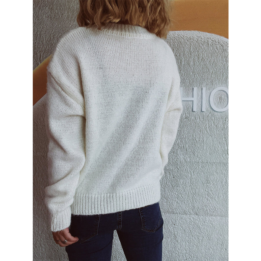 Bow Trim Round Neck Long Sleeve Sweater Apparel and Accessories