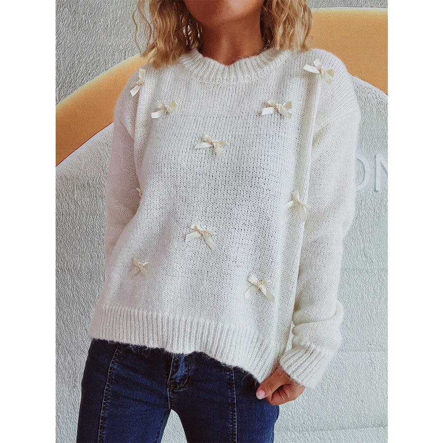 Bow Trim Round Neck Long Sleeve Sweater White / One Size Apparel and Accessories