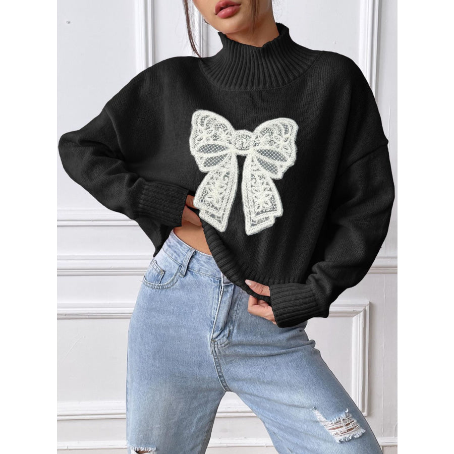 Bow Turtleneck Long Sleeve Sweater Black / S Apparel and Accessories