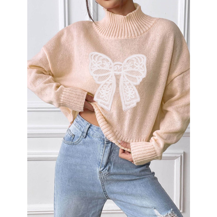 Bow Turtleneck Long Sleeve Sweater Apparel and Accessories