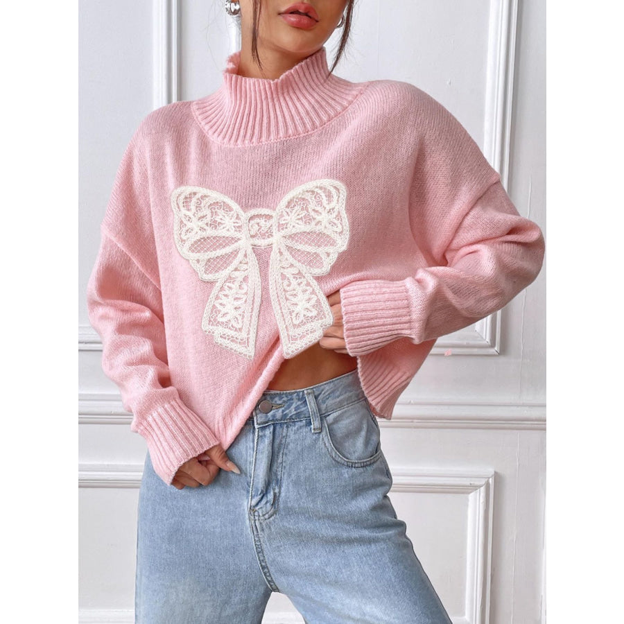 Bow Turtleneck Long Sleeve Sweater Apparel and Accessories