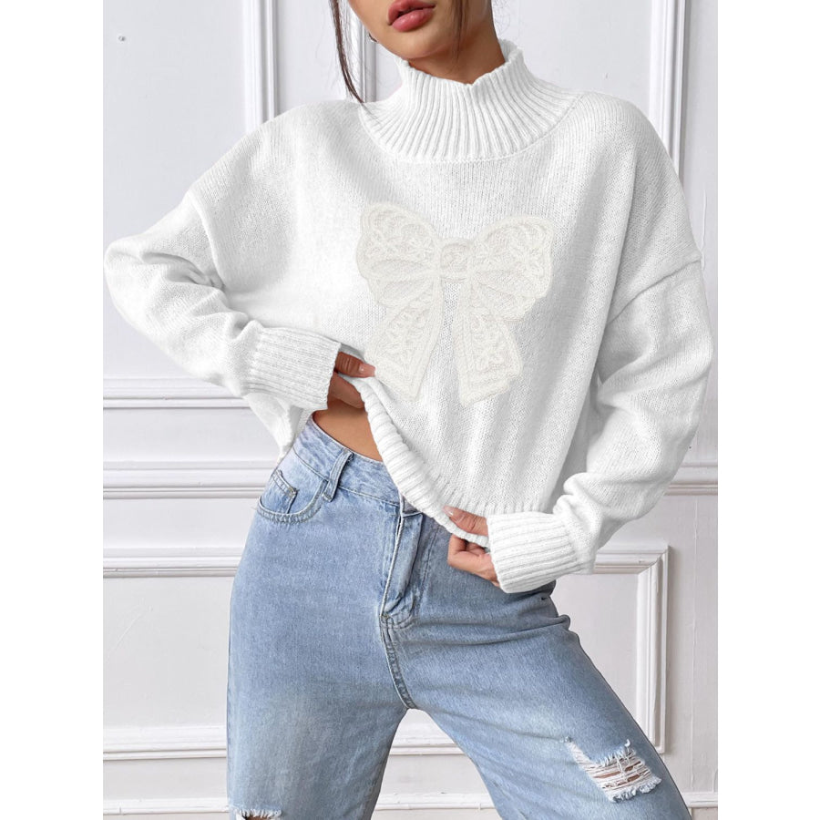 Bow Turtleneck Long Sleeve Sweater Apparel and Accessories