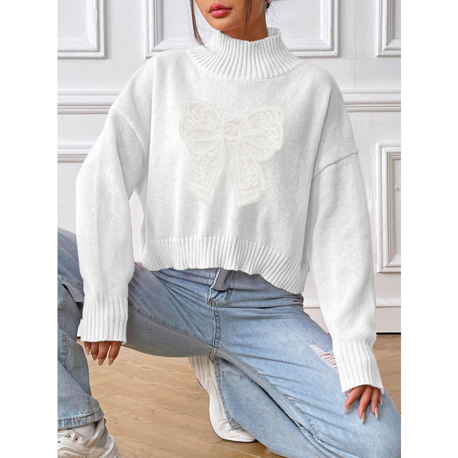 Bow Turtleneck Long Sleeve Sweater Apparel and Accessories