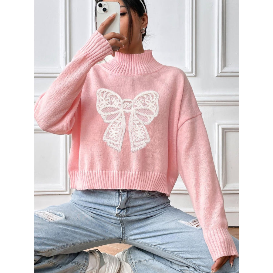 Bow Turtleneck Long Sleeve Sweater Apparel and Accessories