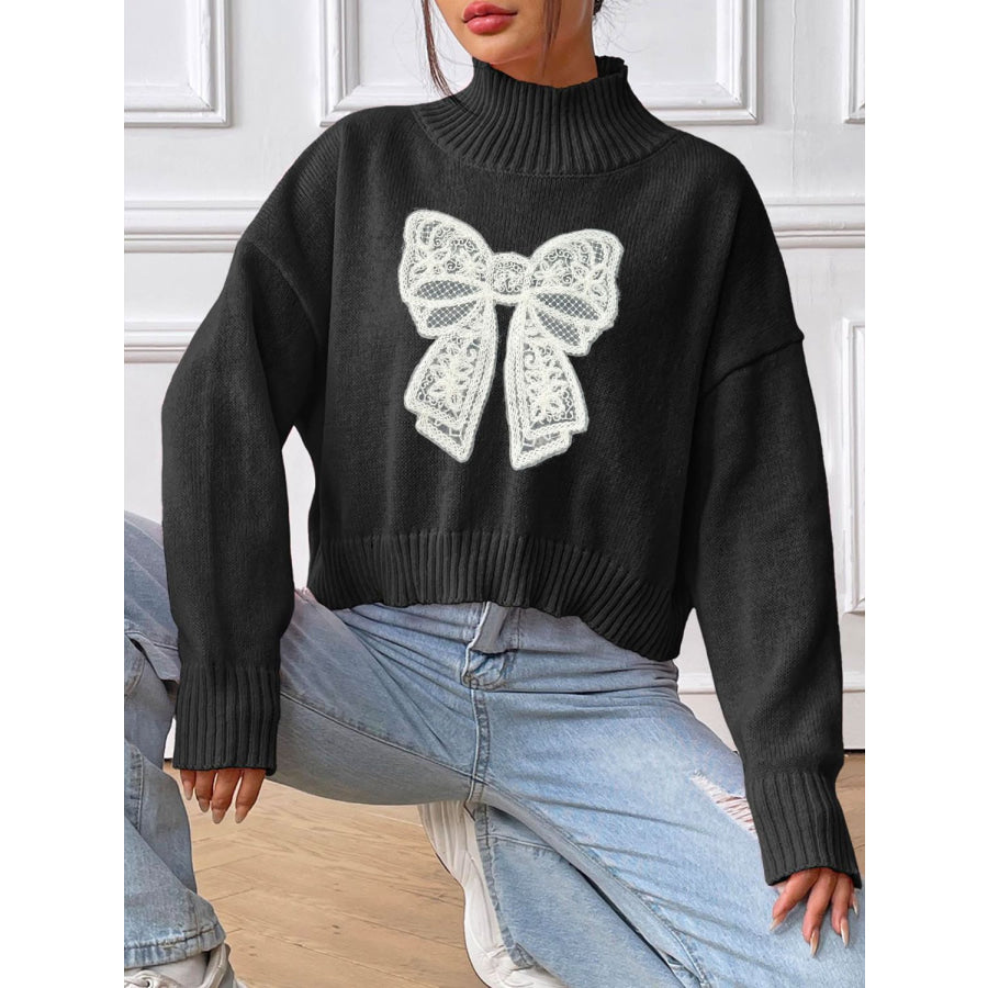 Bow Turtleneck Long Sleeve Sweater Apparel and Accessories