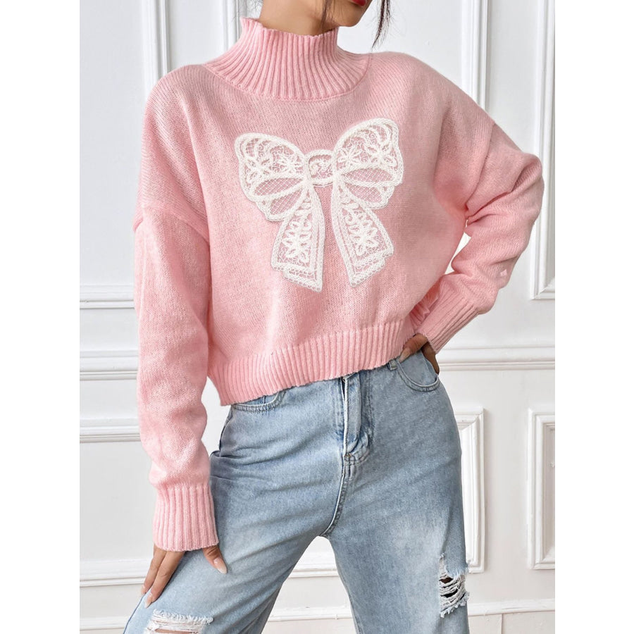 Bow Turtleneck Long Sleeve Sweater Apparel and Accessories