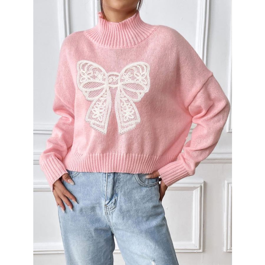 Bow Turtleneck Long Sleeve Sweater Blush Pink / S Apparel and Accessories