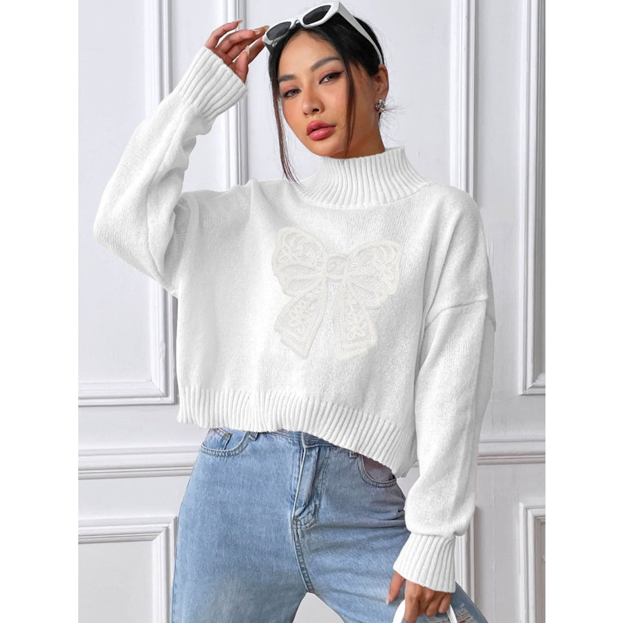 Bow Turtleneck Long Sleeve Sweater White / S Apparel and Accessories