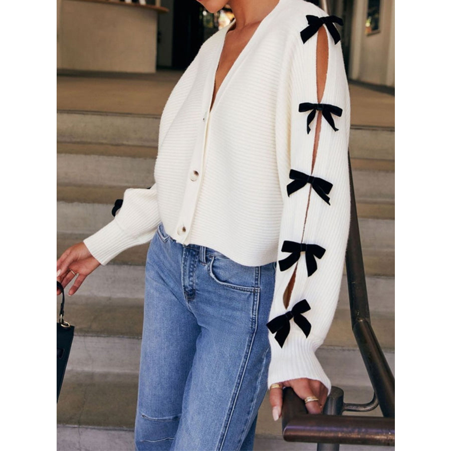 Bow V-Neck Cutout Sleeve Cardigan Apparel and Accessories