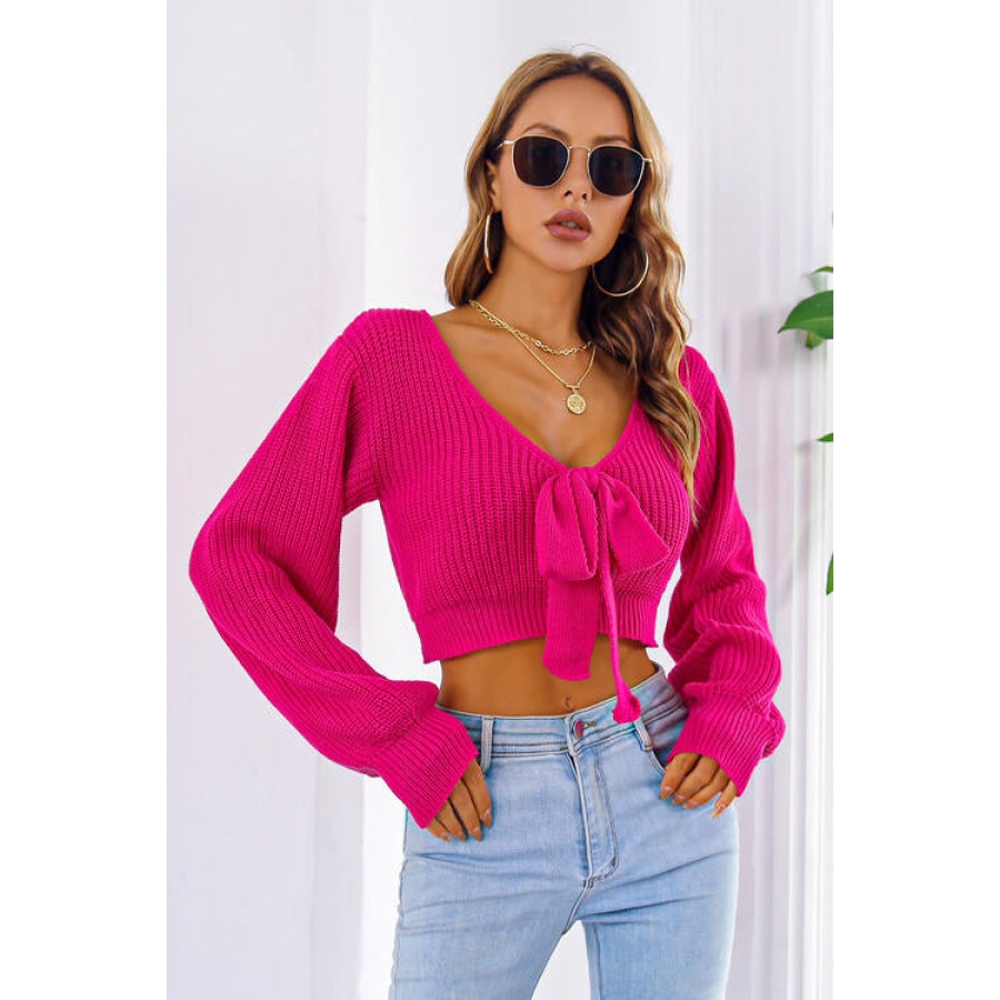 Bow V-Neck Long Sleeve Cropped Sweater Deep Rose / S Women’s Fashion Clothing