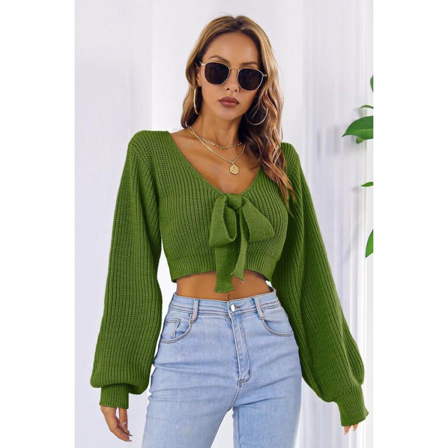 Bow V-Neck Long Sleeve Cropped Sweater Green / S Women’s Fashion Clothing