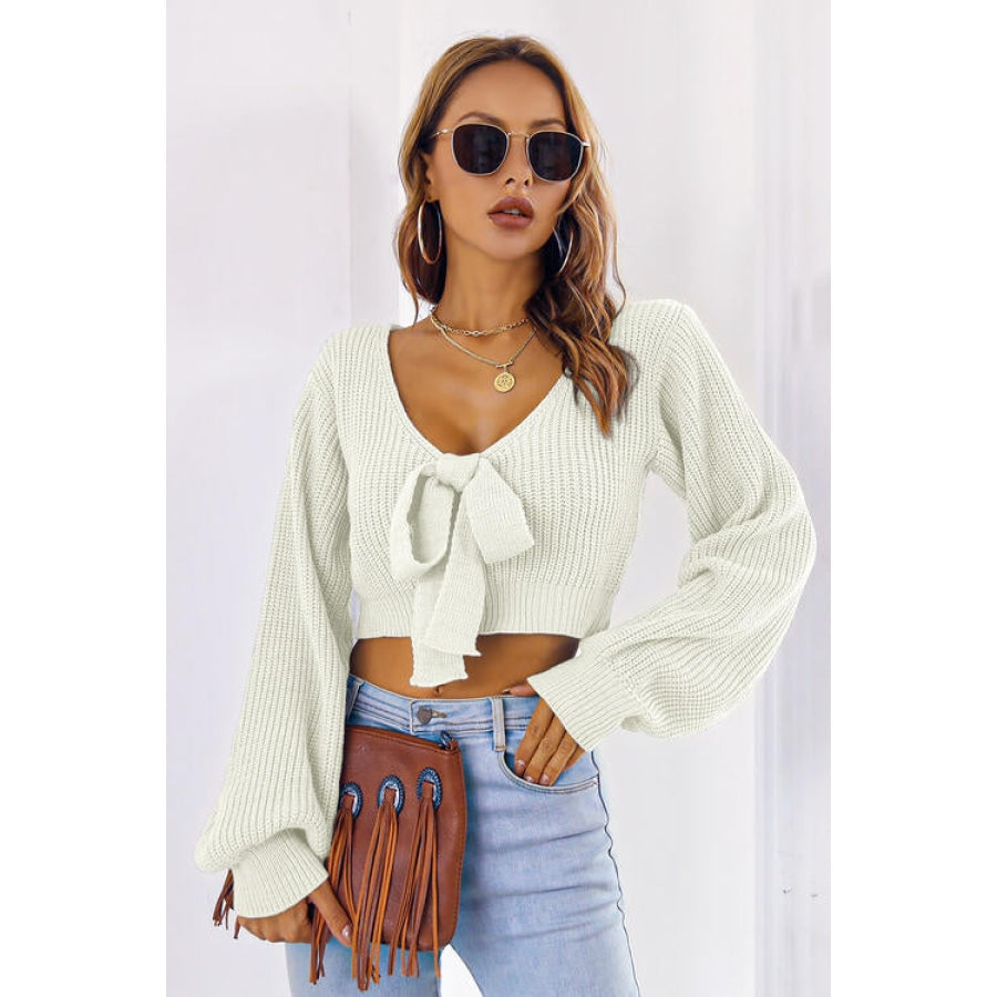 Bow V-Neck Long Sleeve Cropped Sweater White / S Women’s Fashion Clothing