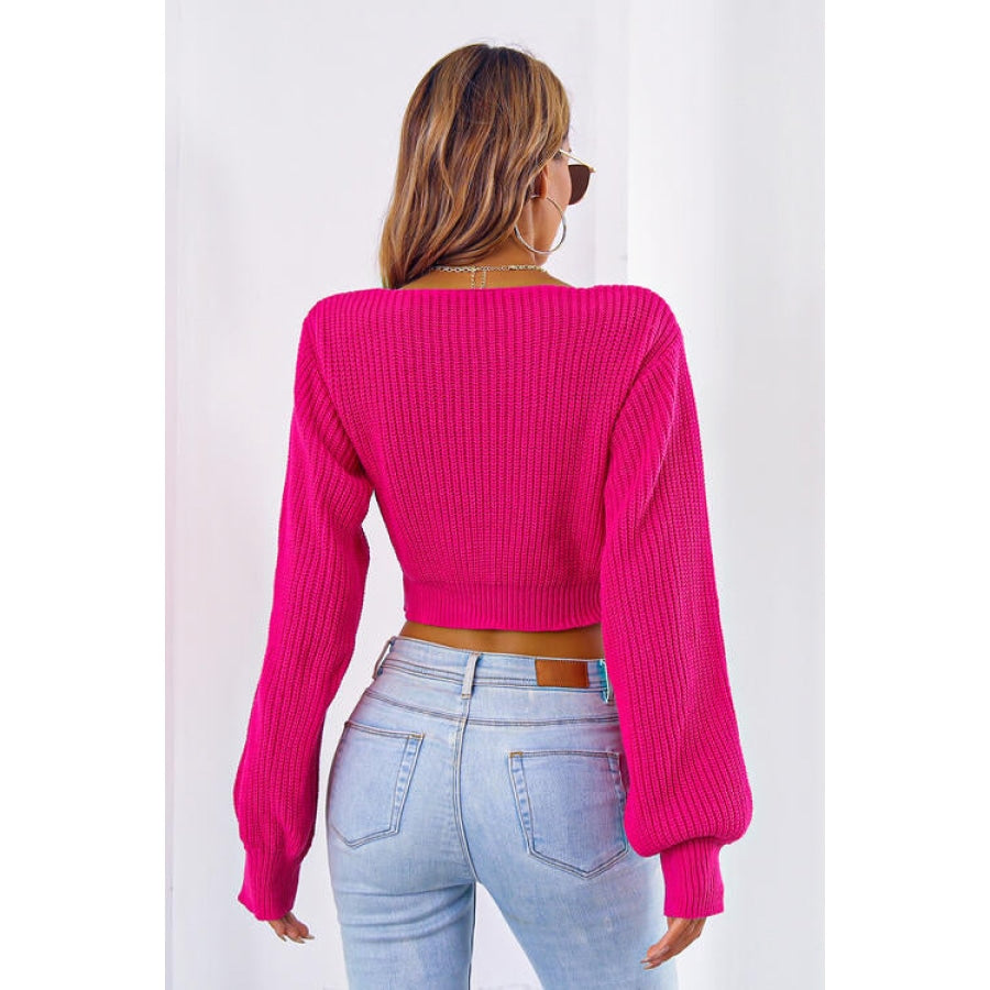 Bow V-Neck Long Sleeve Cropped Sweater Women’s Fashion Clothing