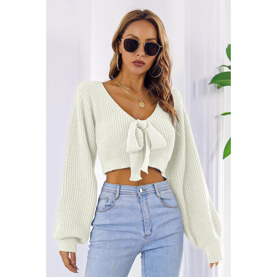 Bow V-Neck Long Sleeve Cropped Sweater Women’s Fashion Clothing