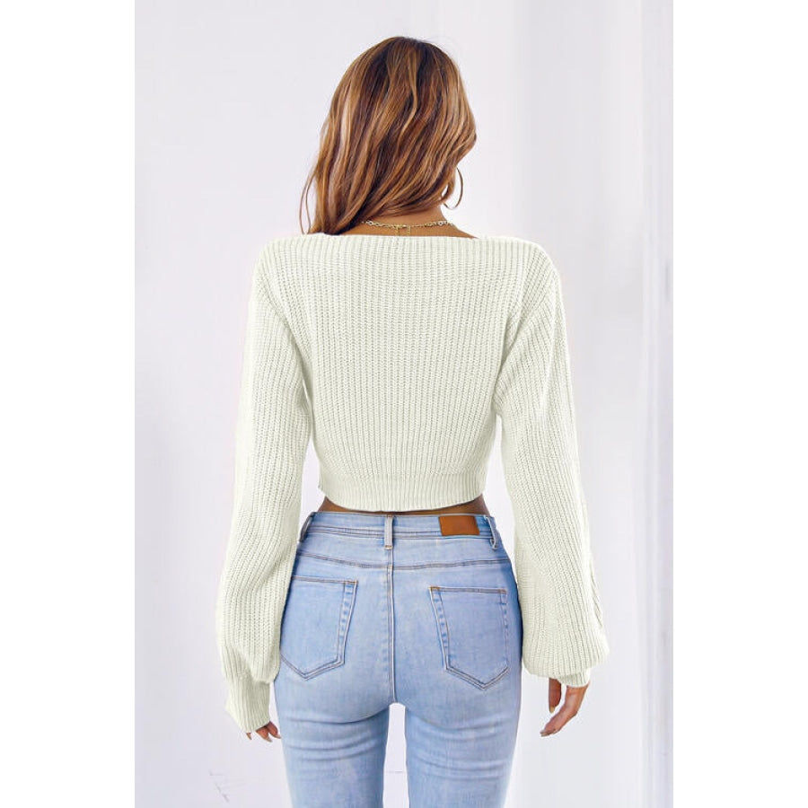 Bow V-Neck Long Sleeve Cropped Sweater Women’s Fashion Clothing