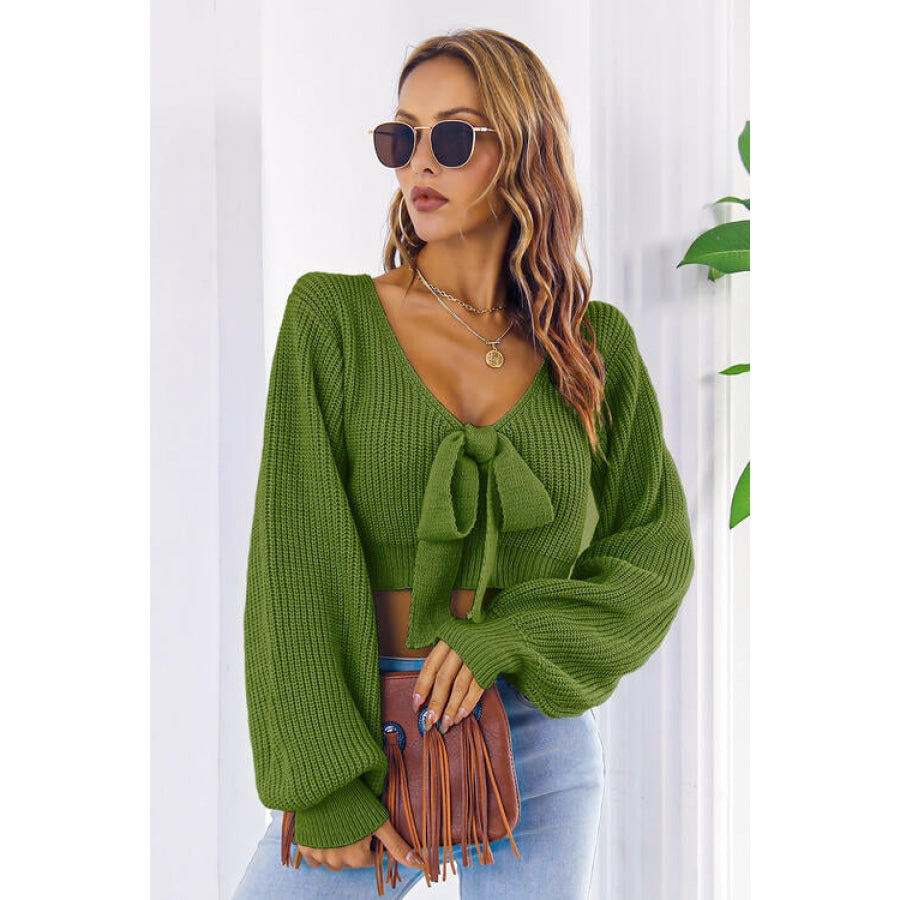 Bow V-Neck Long Sleeve Cropped Sweater Women’s Fashion Clothing