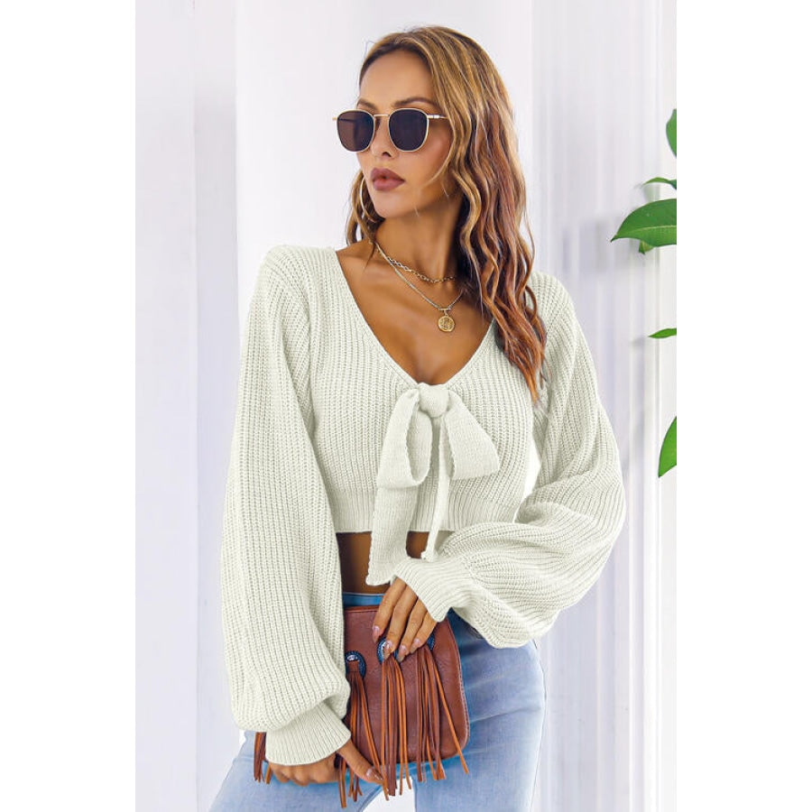 Bow V-Neck Long Sleeve Cropped Sweater Women’s Fashion Clothing