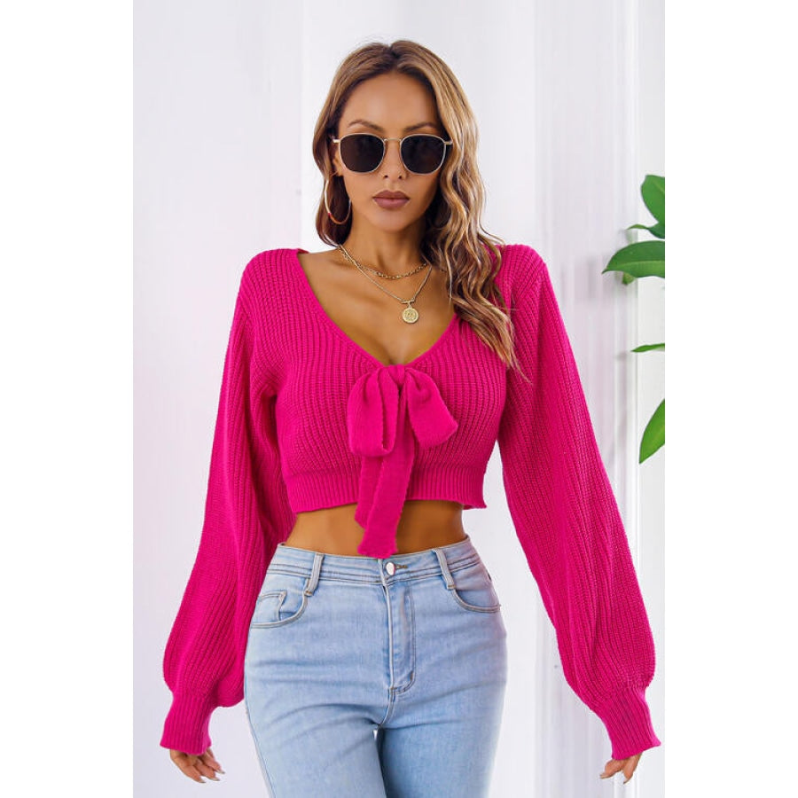 Bow V-Neck Long Sleeve Cropped Sweater Women’s Fashion Clothing