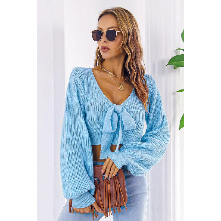 Bow V-Neck Long Sleeve Cropped Sweater Women’s Fashion Clothing