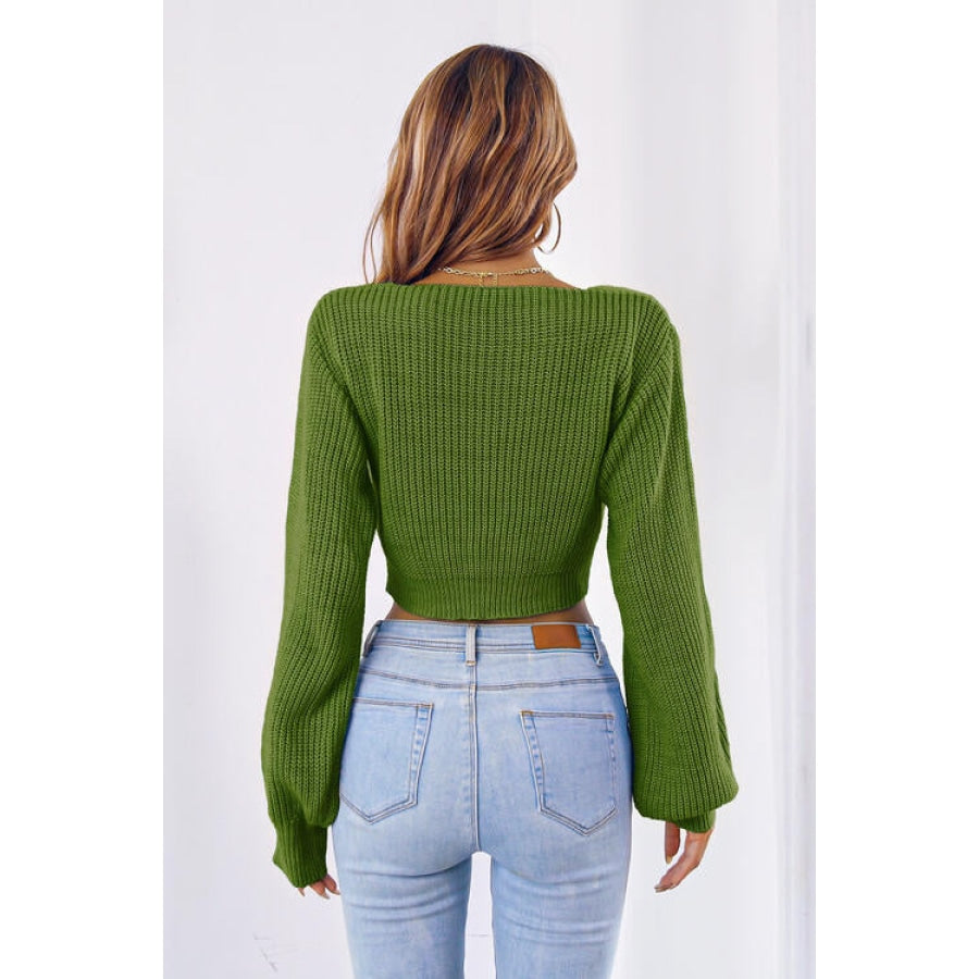 Bow V-Neck Long Sleeve Cropped Sweater Women’s Fashion Clothing