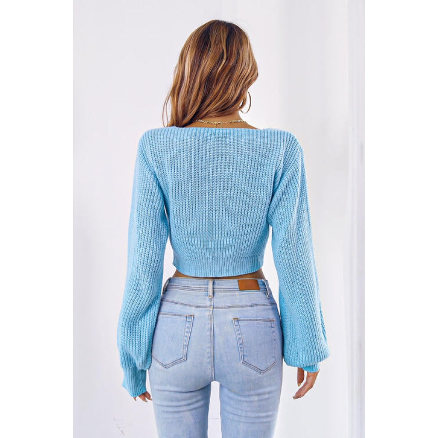 Bow V-Neck Long Sleeve Cropped Sweater Women’s Fashion Clothing