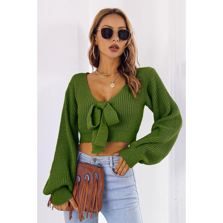 Bow V-Neck Long Sleeve Cropped Sweater Women’s Fashion Clothing