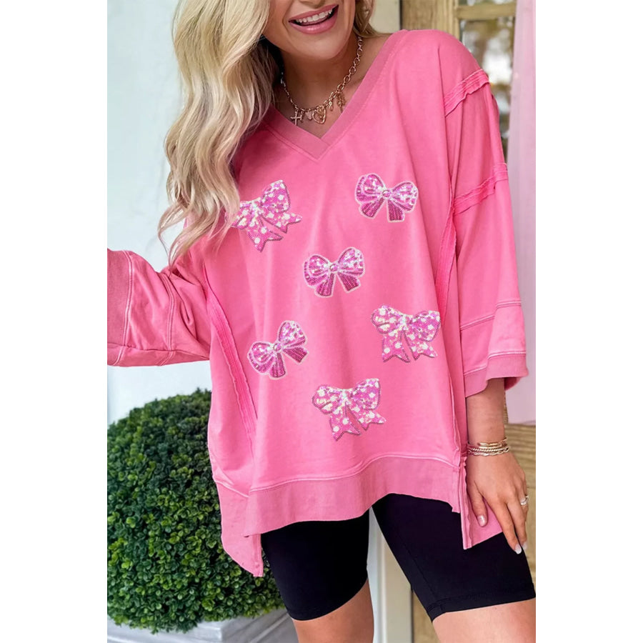 Bow V-Neck Sweatshirt Fuchsia Pink / S Apparel and Accessories