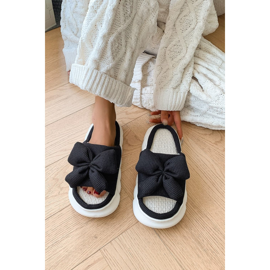 Bow Waffle-Knit Platform Slippers Black / 36-37(US5-6) Apparel and Accessories