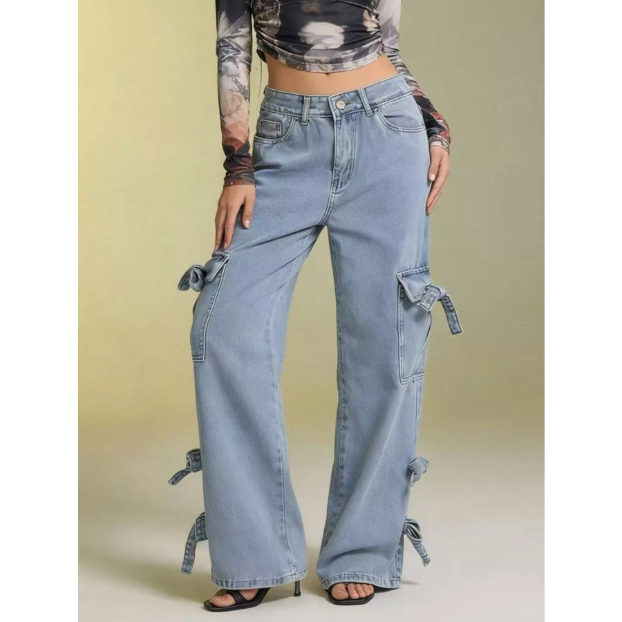 Bow Wide Leg Jeans Sky Blue / S Apparel and Accessories