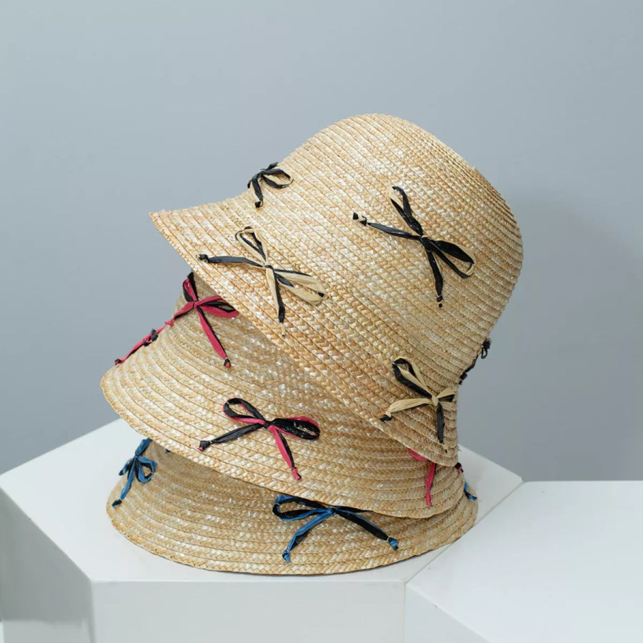 Bowknot Decor Straw Bucket Hat Apparel and Accessories