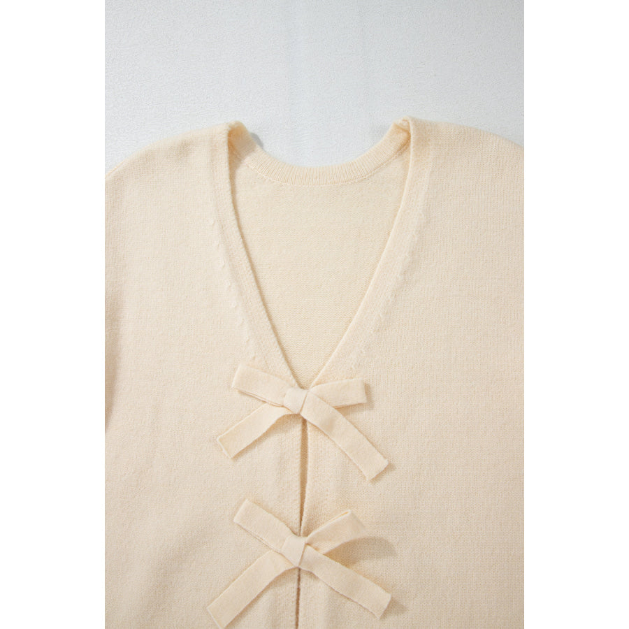 Bowknot Front V Neck Long Sleeve Cardigan Apparel and Accessories