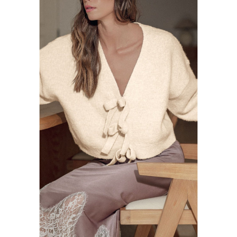 Bowknot Front V Neck Long Sleeve Cardigan Apparel and Accessories