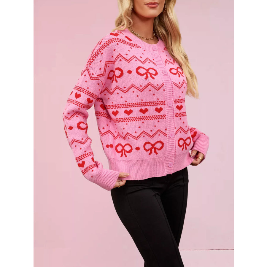 Bowknot Pattern Knit Cardigan Fuchsia Pink / S Apparel and Accessories