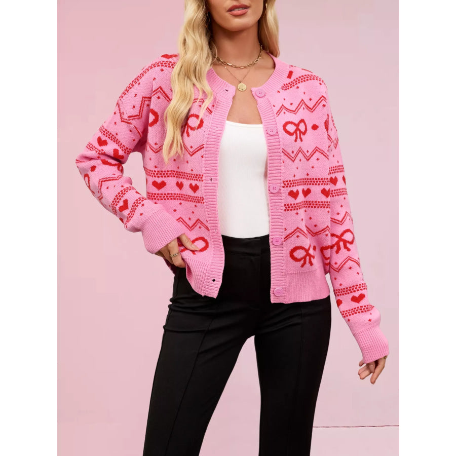 Bowknot Pattern Knit Cardigan Fuchsia Pink / S Apparel and Accessories