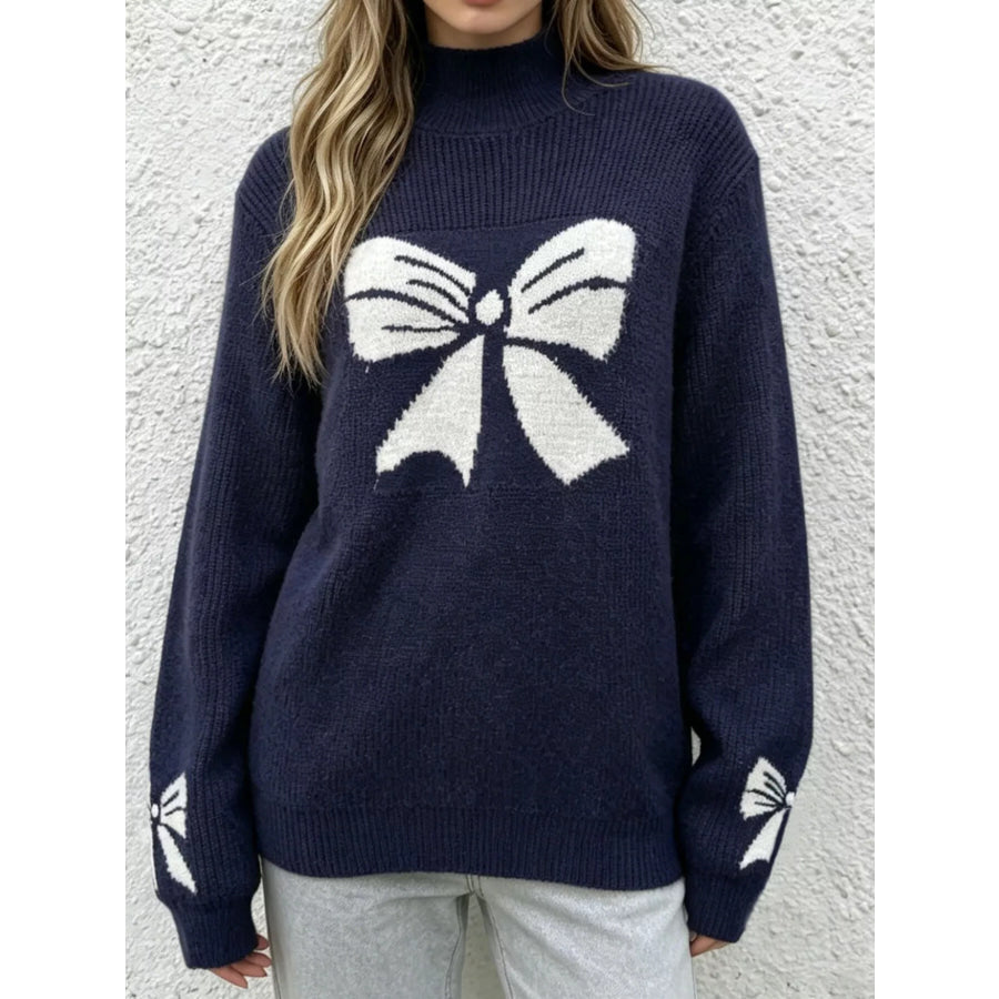 Bowknot Pattern Mock Neck Sweater Apparel and Accessories