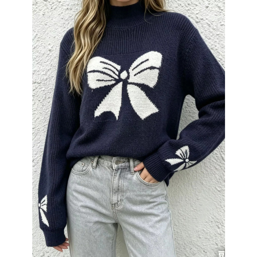 Bowknot Pattern Mock Neck Sweater Apparel and Accessories