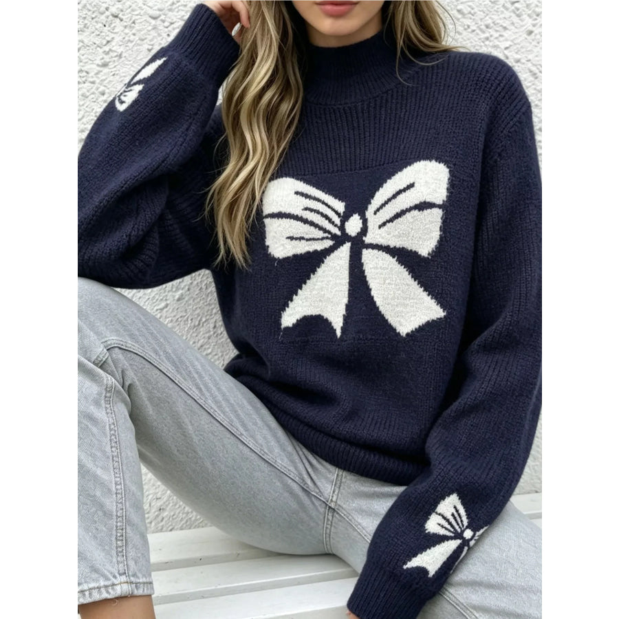 Bowknot Pattern Mock Neck Sweater Apparel and Accessories