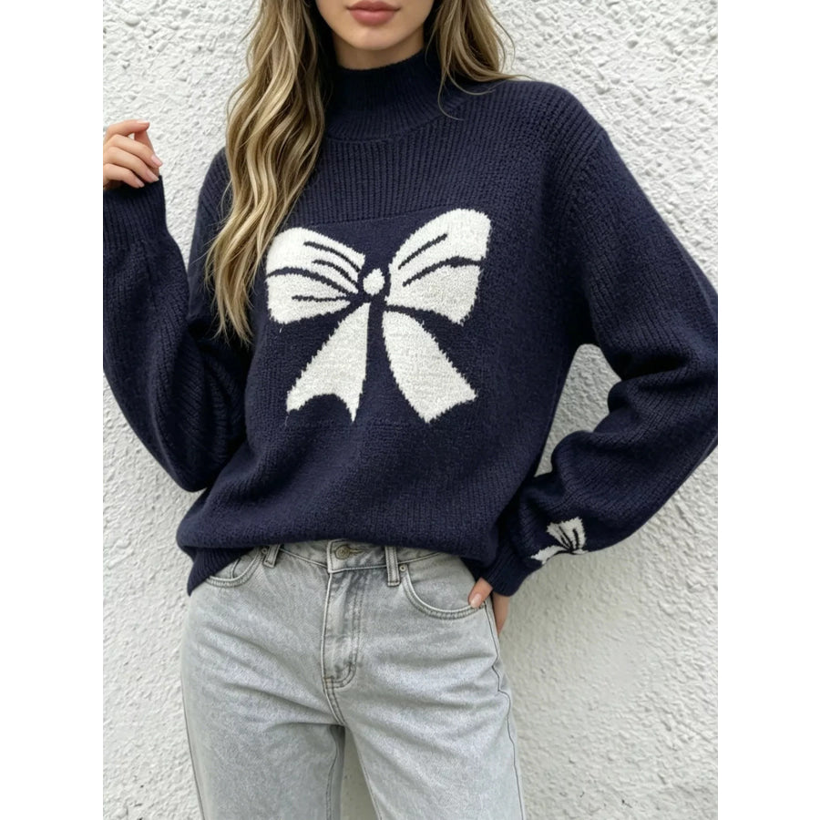 Bowknot Pattern Mock Neck Sweater Blue / S Apparel and Accessories