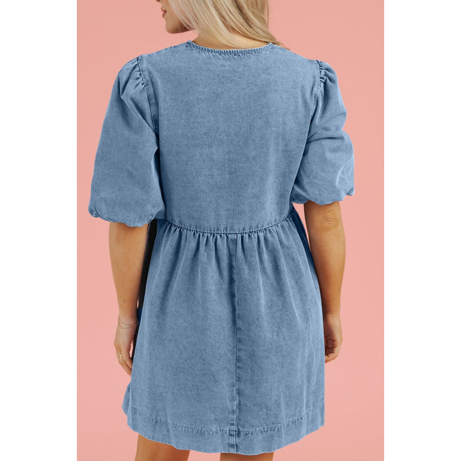 Bowknot Round Neck Half Sleeve Denim Dress Apparel and Accessories