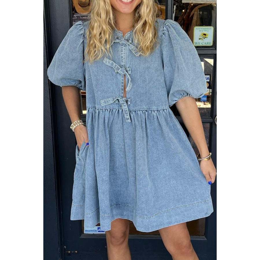 Bowknot Round Neck Half Sleeve Denim Dress Apparel and Accessories