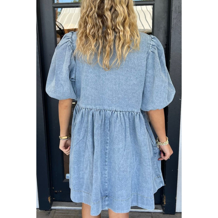 Bowknot Round Neck Half Sleeve Denim Dress Apparel and Accessories