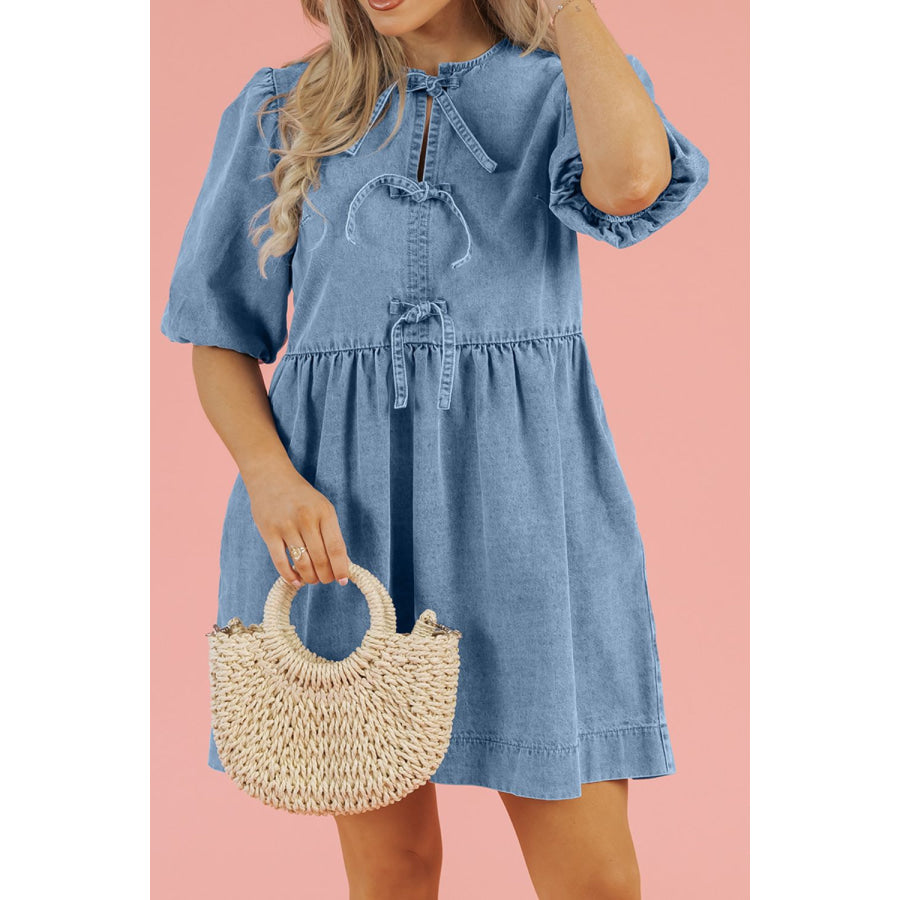 Bowknot Round Neck Half Sleeve Denim Dress Apparel and Accessories