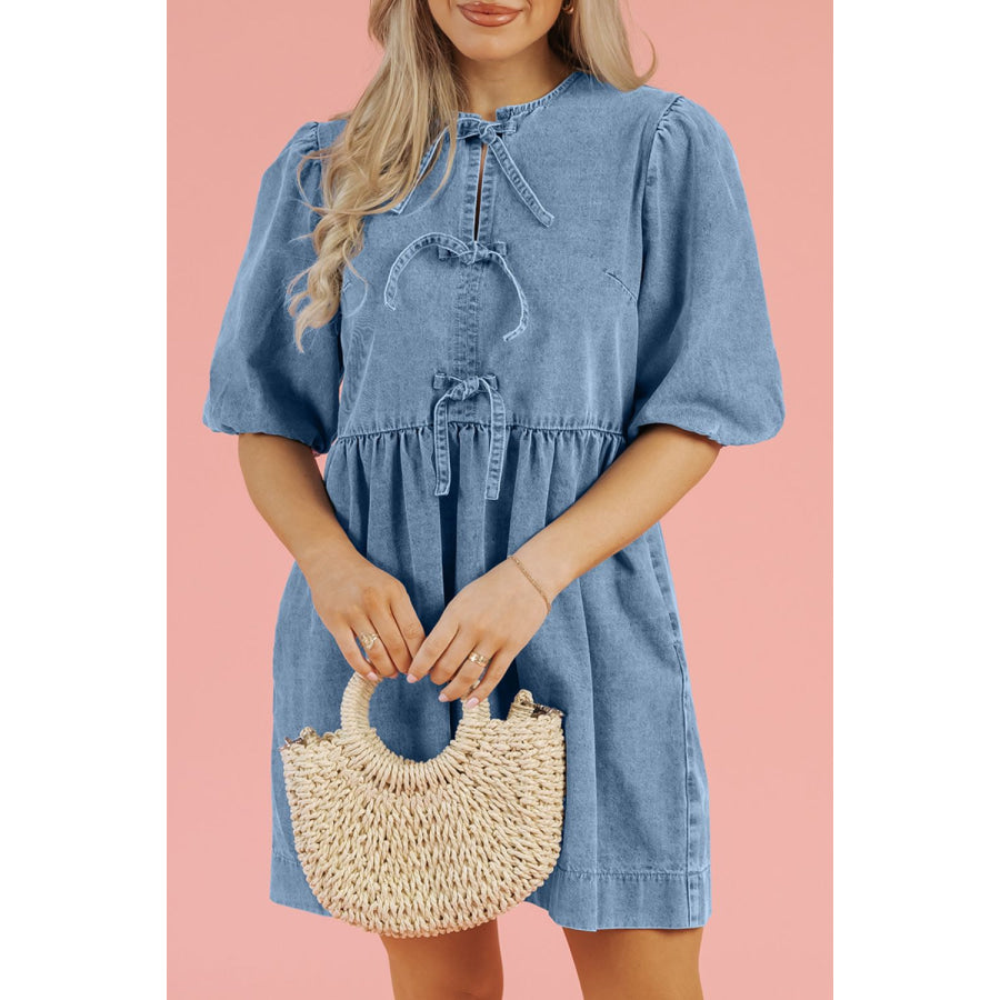 Bowknot Round Neck Half Sleeve Denim Dress Apparel and Accessories