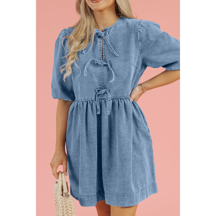 Bowknot Round Neck Half Sleeve Denim Dress Medium / S Apparel and Accessories