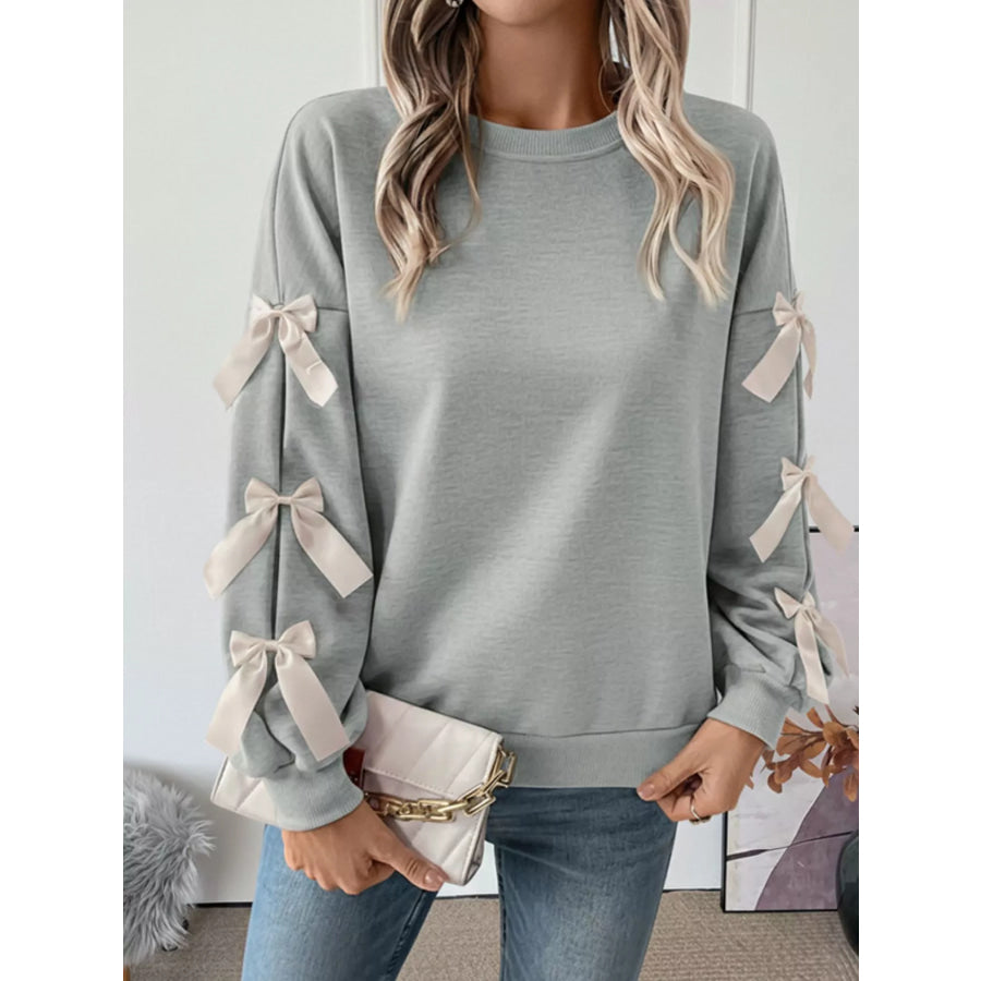 Bowknot Sleeve Round Neck Sweatshirt Gray / S Apparel and Accessories