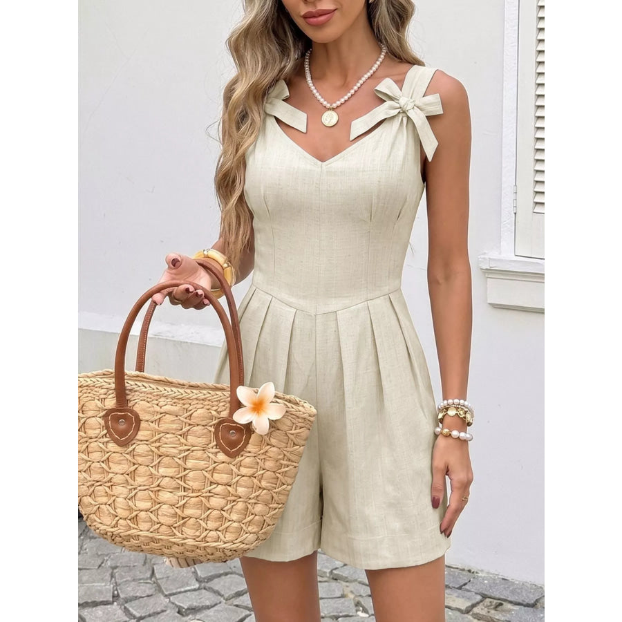 Bowknot Strap Pleated Detail Romper Apparel and Accessories