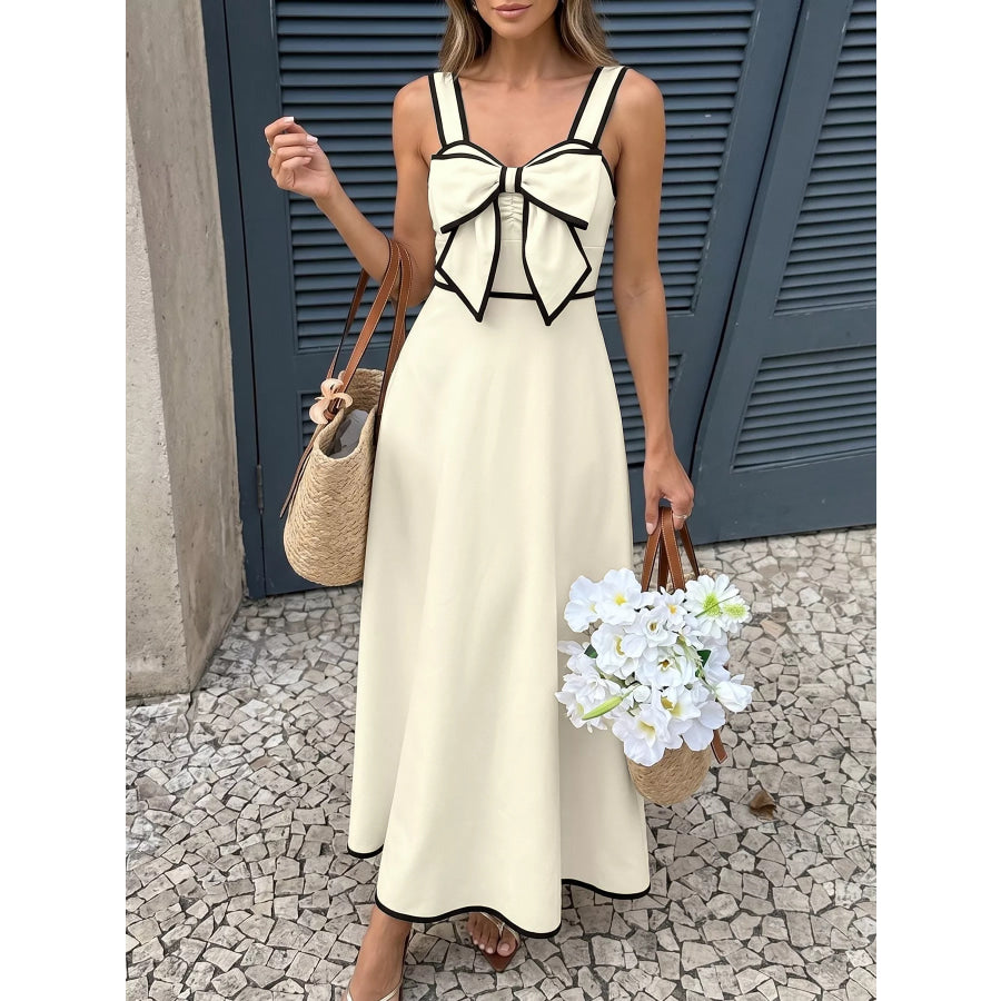 Bowknot Trim A-Line Midi Dress Beige / S Apparel and Accessories