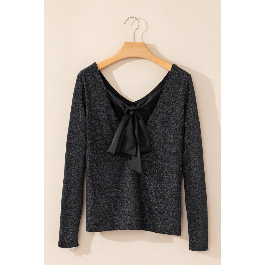 Bowknot V-Neck Long Sleeve Blouse Apparel and Accessories