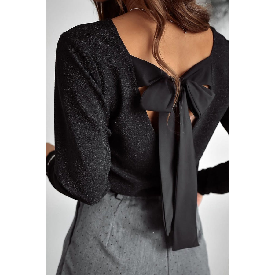 Bowknot V-Neck Long Sleeve Blouse Black / M Apparel and Accessories