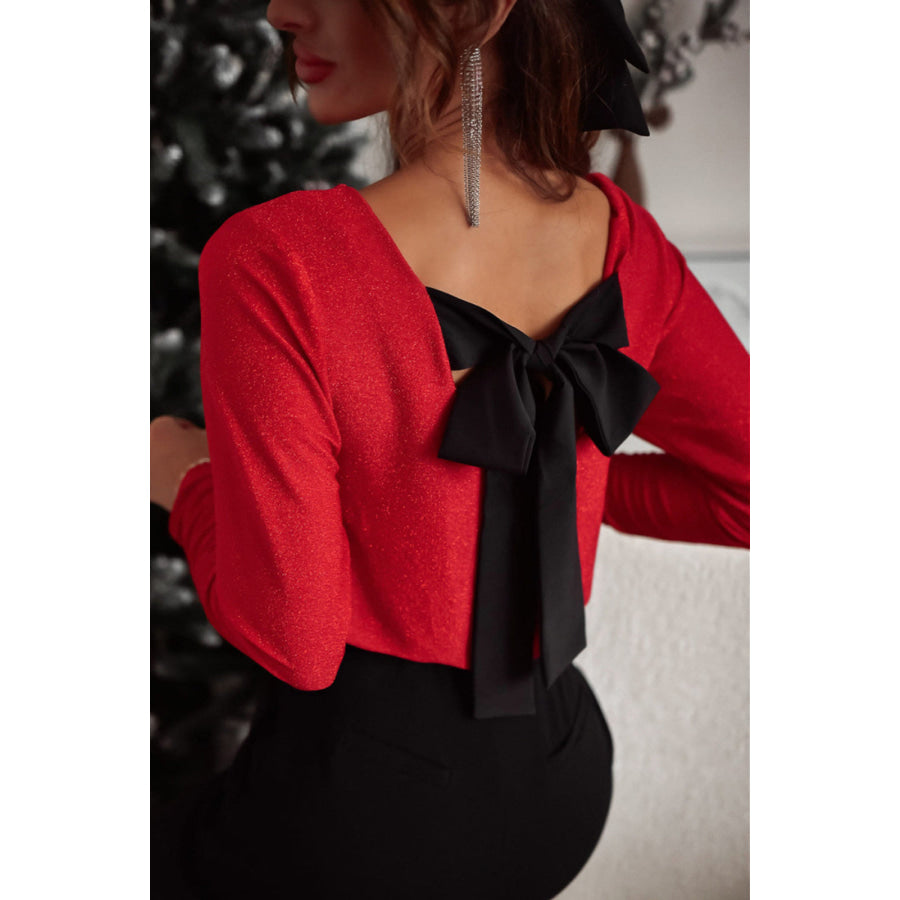 Bowknot V-Neck Long Sleeve Blouse Red / M Apparel and Accessories